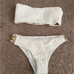 White Textured Bandeau Bikini with Gold Strap Accents